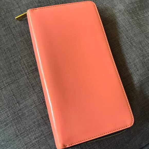 Authentic CELINE Coral Pink Patent Leather Long Continental ZIp Around Wallet